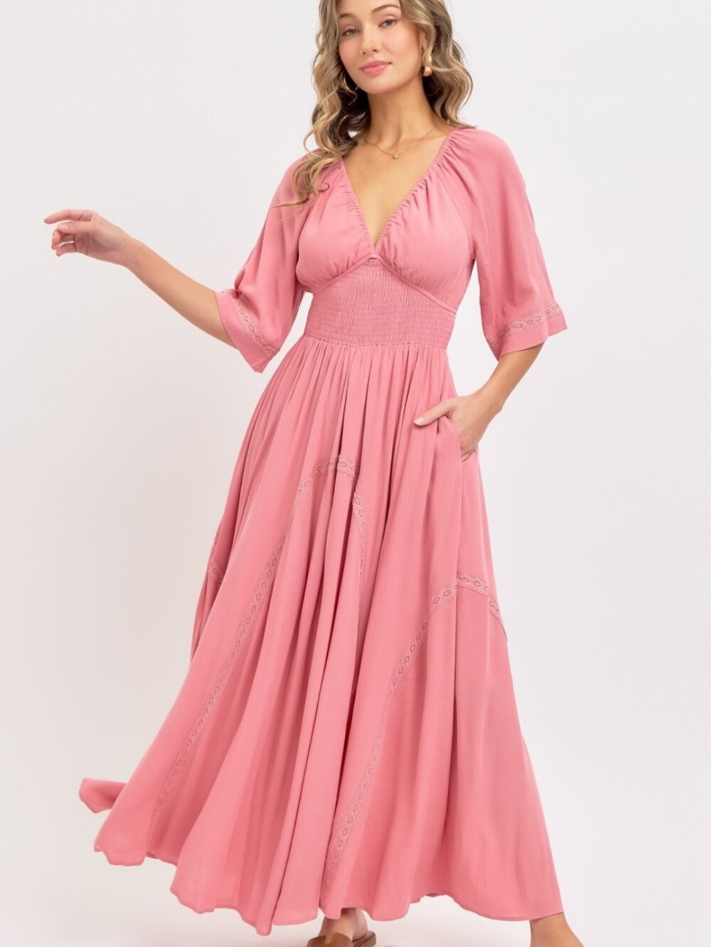 Pink Boho Maxi Dress Smocked Waist Lace Trim Flowy Rayon Cottagecore | Size M